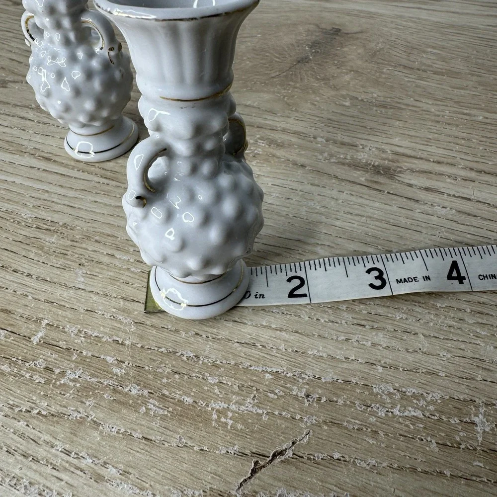 Vintage Ceramic Mini Hobnail Hobnob White Vases Set Of 2 Gold Trim Japanese Made